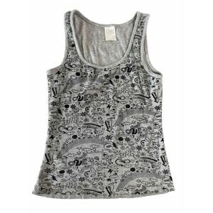 Y2K Top Women’s Small Cartoon Sketch Gray Ribbed Tank Allover Print 2000s